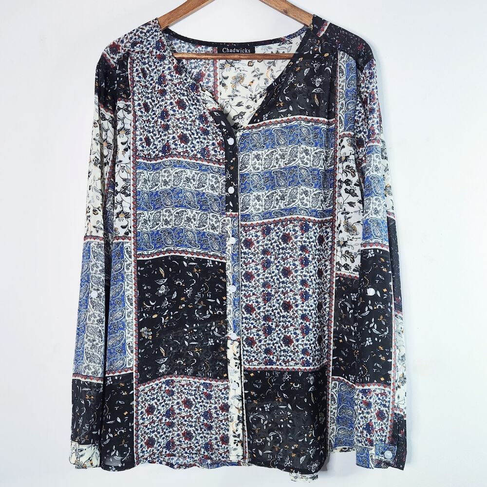 Chadwicks Womens Black Paisley Patchwork Button Up Blouse Size XL Boho Flowy